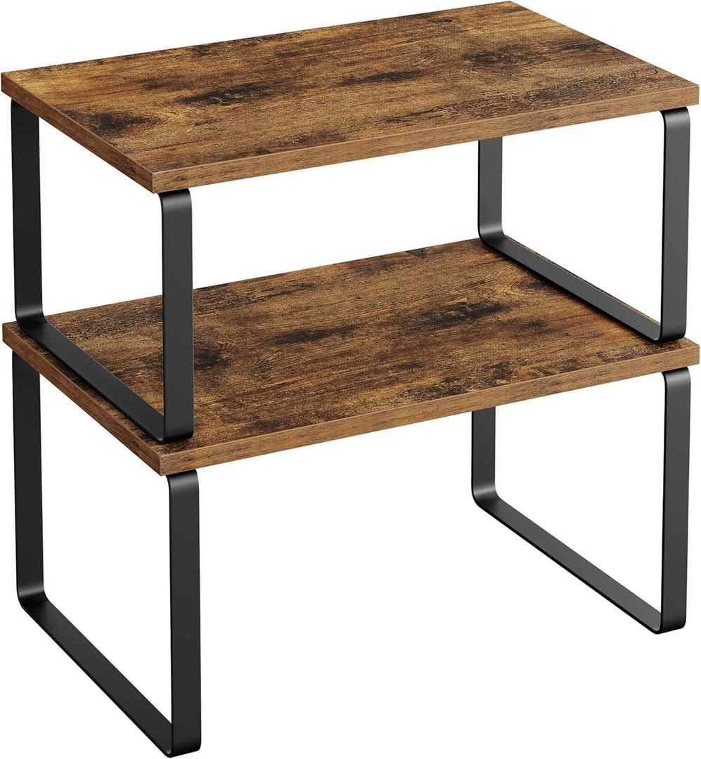 SONGMICS Cabinet Organizer Shelf, Set of 2 Kitchen Counter Shelves, Kitchen Storage, Spice Rack, Stackable, Expandable, Metal and Engineered Wood, Ink Black and Natural Beige UKCS02NB (11.7"W)