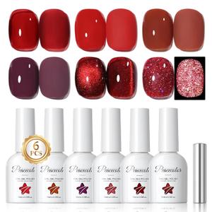 PEACECOLOR Red Gel Polish Set 6 Colors Glitter Red Cat Eye Nail Polish with Jelly Gel Polish Burgundy Brown 10ML Soak Off U V Lamp Gifts for Women Girls DIY Home Salon