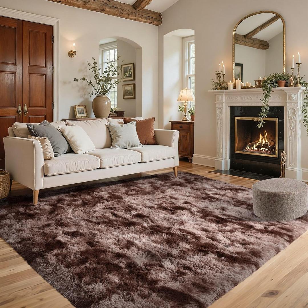 4x6 Ft Shag Brown Area Rug for Bedroom Living Room, Tie-Dyed Ultra Soft Fluffy Furry Rugs for Indoor Floor, Aesthetic Carpet for Kids Home Decor (Coffee)
