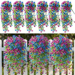 6 Pcs Artificial Fake Hanging Flowers Plants for Outdoor Decoration Faux Silk Long Vine UV Resistant Look Real for Spring Summer Outside Home Porch Patio(Rose Red Blue)