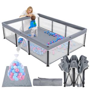 TOREVSIOR Foldable Baby Playpen with Mat, 50"71" F oldable P laypen for Babies and Toddlers, Indoor & Outdoor Kids Safety Play Pen, Portable Play Yard, Foldable Baby Playpen with 50 Ocean Balls (Grey)