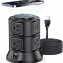Power Strip Tower 1875W 15A with 15W Magnetic Wireless Charger, Dual-Layer Rotatable Design, 540 Joules Surge Protector Tower with 6 AC Outlets and 4 USB Ports(2USBA+2USBC), 5FT Braided Extension Cord