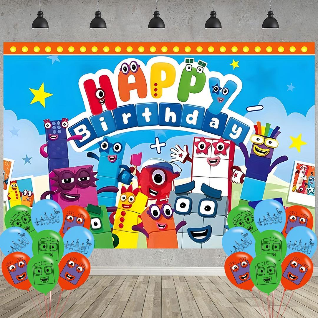 Number Birthday Party Decoration,Block Party Photo Background 5 x 3 FT and 18 Pcs Balloon,Merch Party Backdrop Supplies