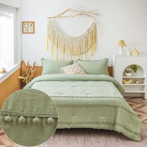 Merryword Sage Green Pom Pom Comforter Set Green Comforter Triple Green Ball Fringe Design Chic Boho Balls Down Alternative Comforter Boys Girls Bedding King 1 Duvet 2 Pillowcases