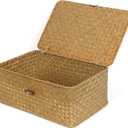 FEIALNDUO Wicker Shelf Baskets with Lid,Seagrass Storage Basket Bins Rectangular Handwoven Basket Boxes for Shelves Desktop Home Organizer (Natural, Medium)
