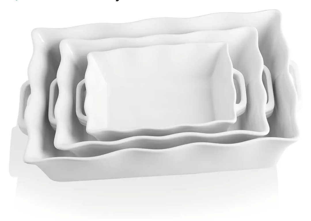 Sweejar Casserole Dishes for Oven, Ceramic Bakeware Set of 3, Rectangular Baking dish with Handles, Wave Edge Lasagna Pan Deep for Cooking, Cake, Dinner, Banquet and Daily Use (White)
