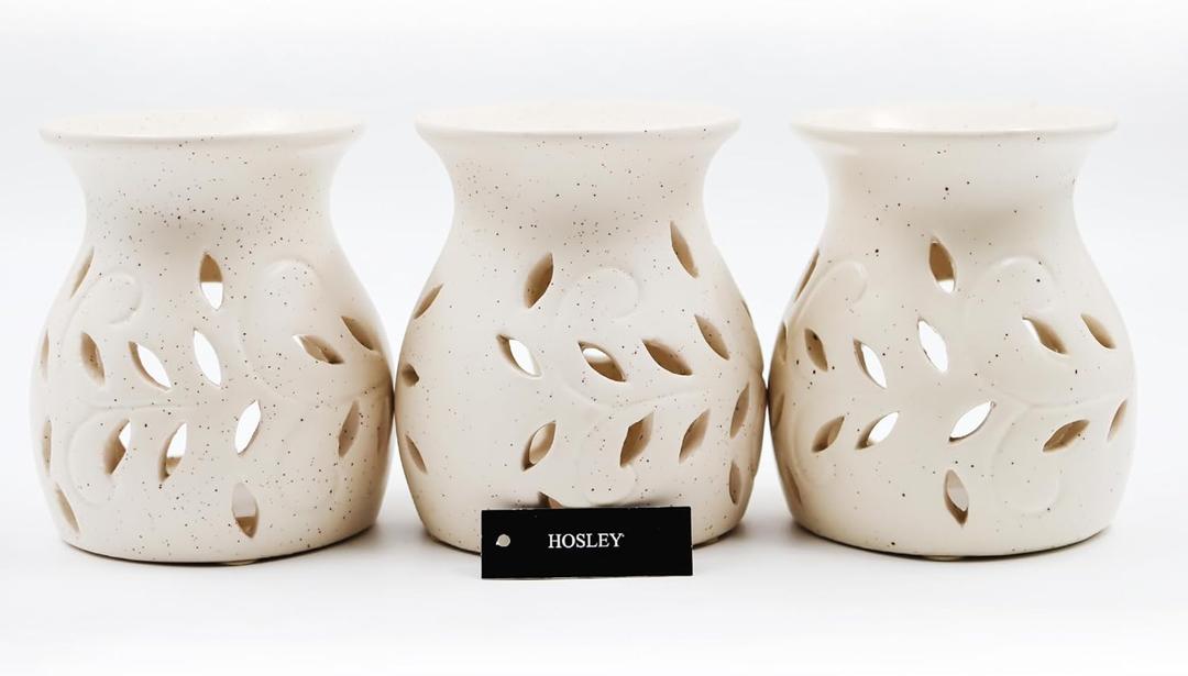 Hosley Elegant Ceramic Oil Warmers with Leaf Pattern and Speckle Design 4.5 Inches High Tealight Compatible for Aromatherapy and Home Decor Set of 3 (Cream 2)