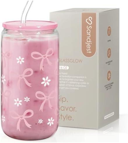 SANDJEST Bow Glass Can, Bows Cup With Lid & Straw, Iced Coffee Aesthetic Cups, Idea Gift for Christmas Birthday Mother Day, Gifts For Women, 16oz