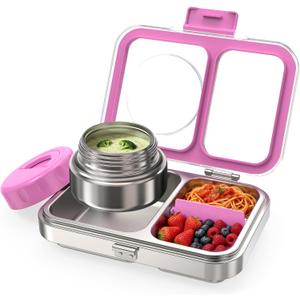 HOMEKOL Stainless Steel Bento Lunch Box + 9.5oz Insulated Food Jar, Purple | 2-Compartment Leak-Proof Container for Kids & Adults, BPA/BPS-Free, 18/8 Metal, Dishwasher Safe, Clear Tritan Lid