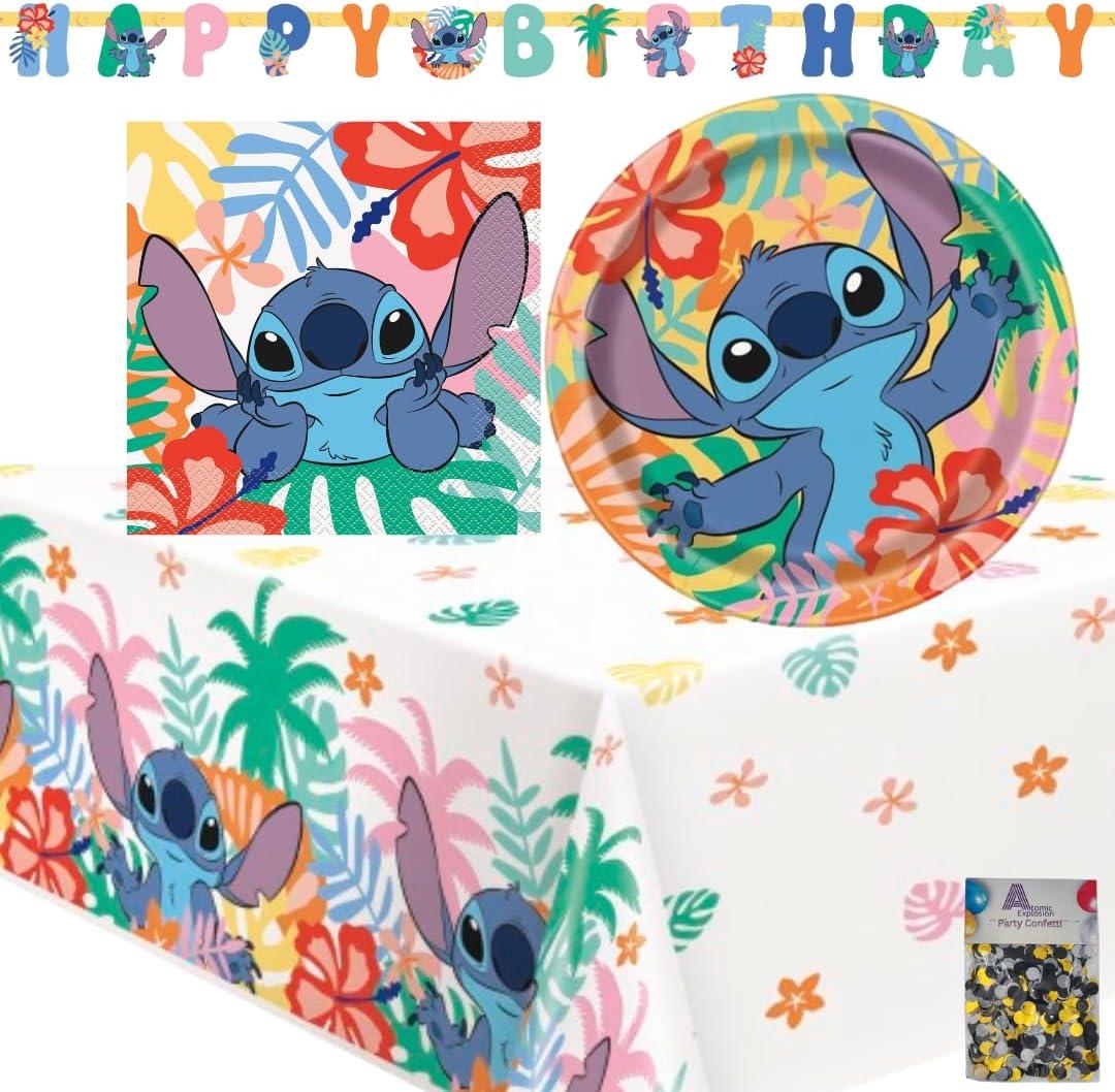 Lilo and Stitch Party Supplies Set for 32 Guests, Birthday Decorations with Plates, Napkins, Tablecovers, Banner, Confetti, Hawaiian Tropical Theme