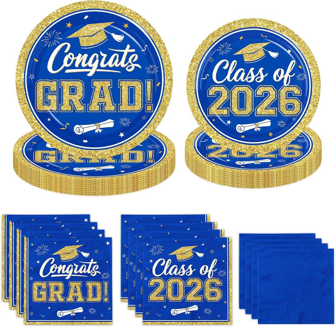 Graduation Plates and Napkins 2026,200pcs Blue and Gold Graduation Decorations 2026 Disposable Congrats Grad Paper Plates for Class Of 2026 Party Supplies,Serve 50