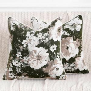Vintage Floral Throw Pillow Covers 18x18 Set of 2 Neutral Boho Farmhouse Soft Chenille Jacquard Decorative Couch Pillow Covers for Sofa Couch Bed Living Room Home Dcor Beige Green