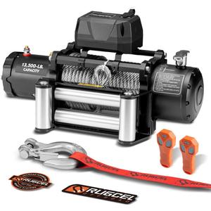 RUGCEL WINCH 13500lb Waterproof Electric Truck Winch 12V Steel Rope Winch with Roller Fairlead, Wired Handle and 2 Wireless Remote,for Trailer and Wrangler in Car Lift
