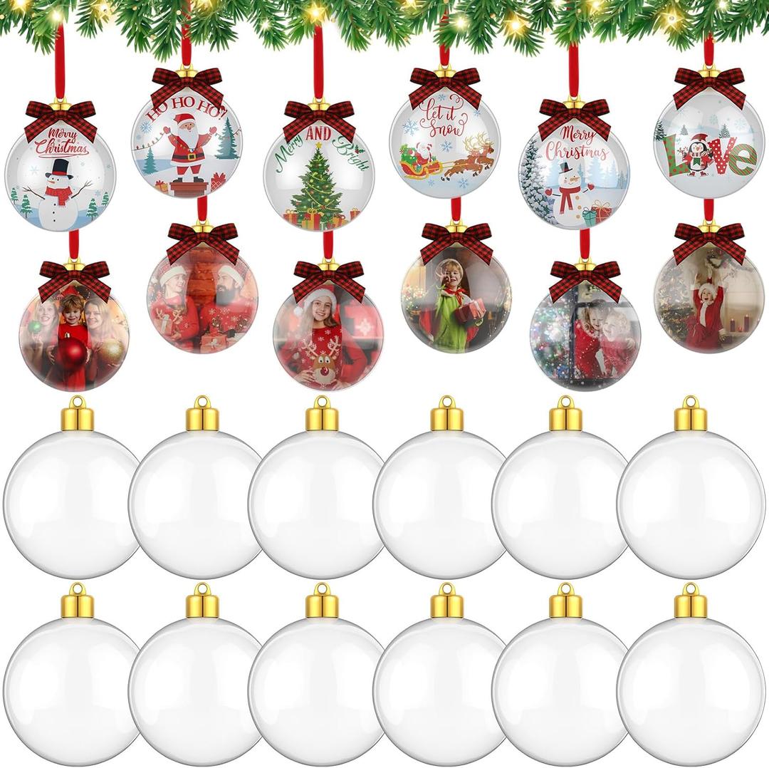 Vercraft 12 Pieces Christmas Photo Ornament Balls Round Clear Hanging Photo Frame Ornaments Christmas Plastic Fillable Picture Holder for DIY Personalized Family Picture Baubles for Xmas Tree Decor