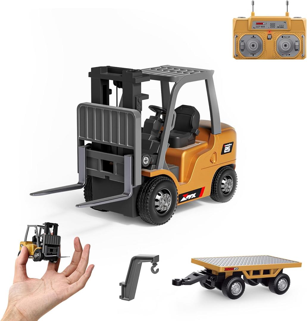 BRRRRT 1/64 Full Proportional RC Forklift Toy,8 Channel 2 Mode Mini Remote Control Forklift Truck with Flatbed Tow Truck,2 in 1 Transformable Lift Fork & Hook with Rechargeable Battery for 4+ Kids
