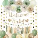 Amandir Baby Shower Decorations Sage Green Balloons Welcome Baby Banner, Cake Topper, Paper Lanterns, Pom Poms Flowers Tassels, Circle Dots Star Garland, Neutral Gender Reveal Birthday Party Supplies
