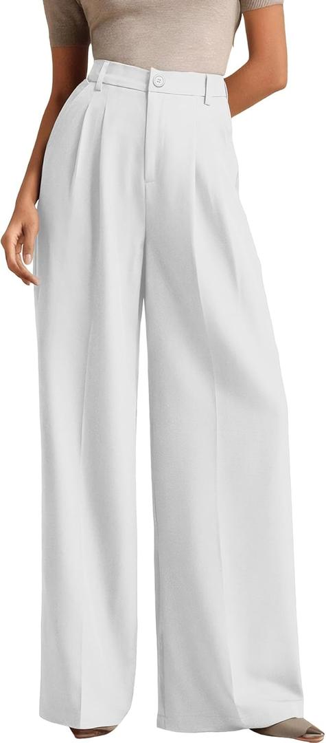 ELLEVEN Women's Business Casual Wide Leg Dress Pants, High Elastic Waisted Trousers with Pockets (White, S)