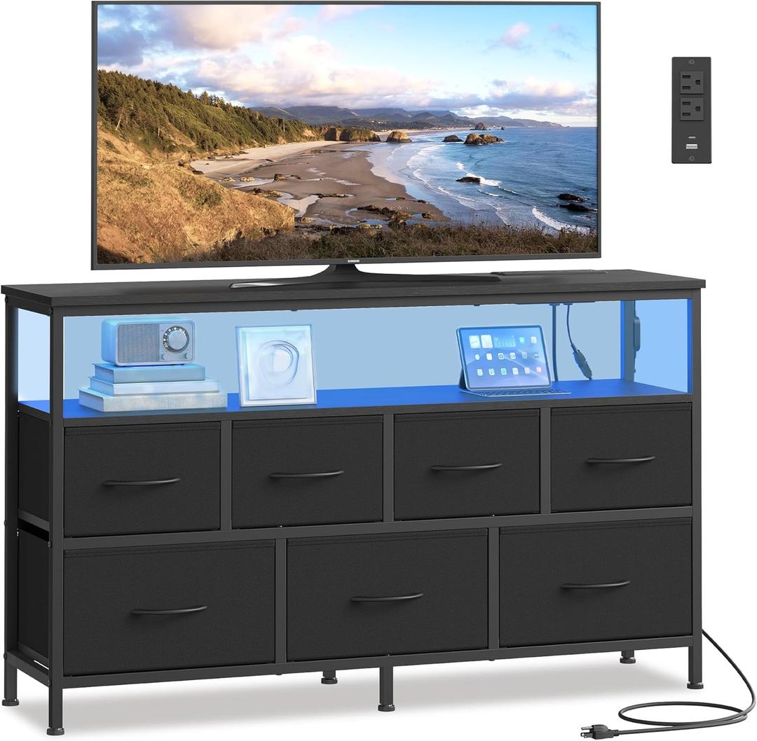 SONGMICS BELLAH Collection - Dresser for Bedroom with App-Controlled LED Lights and Charging Station, Chest of Drawers, TV Stand, 7 Drawers, Shelf, Modern, Ink Black ULGS733BH02S