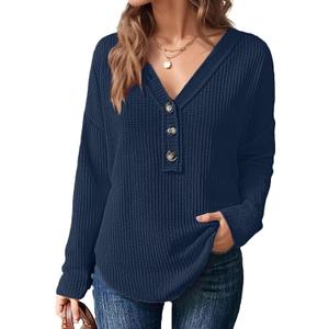 Flamingals Casual Long Sleeve V Neck Tops Solid Waffle Knit Button Front Shirts for Women M