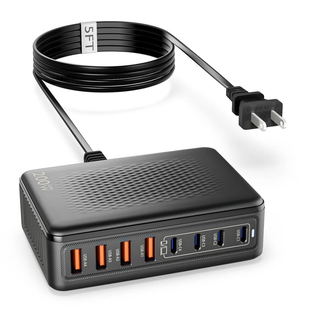 USB C Charger Block, 200W GaN 8 Port USBC Charging Station USB Hub Block Cube with PD3.0 Type C & USB A Wall Charger Power Adapter for Multiple Devices Apple iPhone 17/16/15, MacBook Pro/Air,iPad-Black