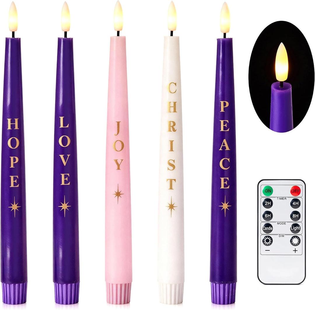 Flameless Advent Candles Set of 5 with Words, 10 Inch White, Purple & Pink Flameless Candle, Flameless Taper Candles for Advent Wreath, Flickering LED Candle with Remote