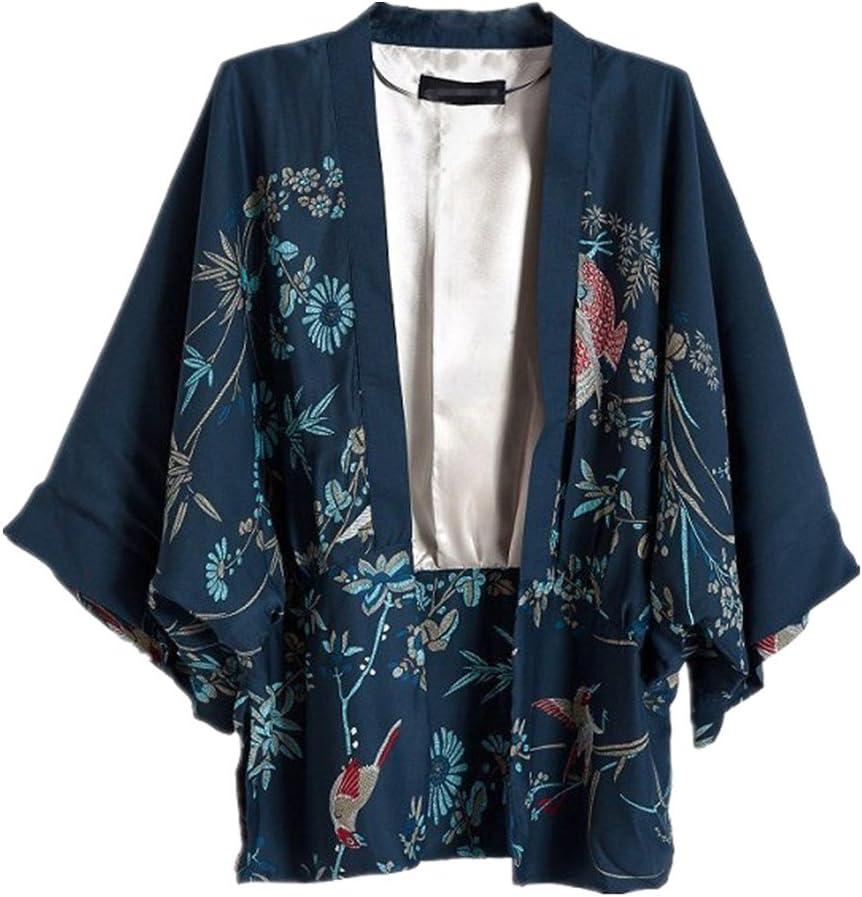 Women Kimono Cover Up Japanese Style Cardigan Floral Print 3/4 Sleeve Women Blouse Coat Casual Jacket (Medium)
