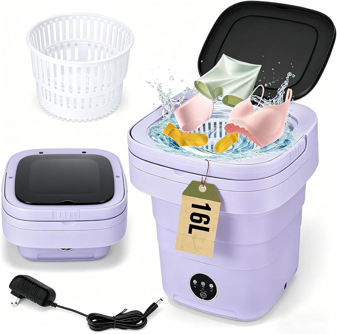 Mini Washing Machine 16L Foldable Small Washer for Underwear, Socks, Baby Clothes - 3 Cleaning Modes with Spin Dryer Basket Ideal for Apartment, RV, Travel, Dorm