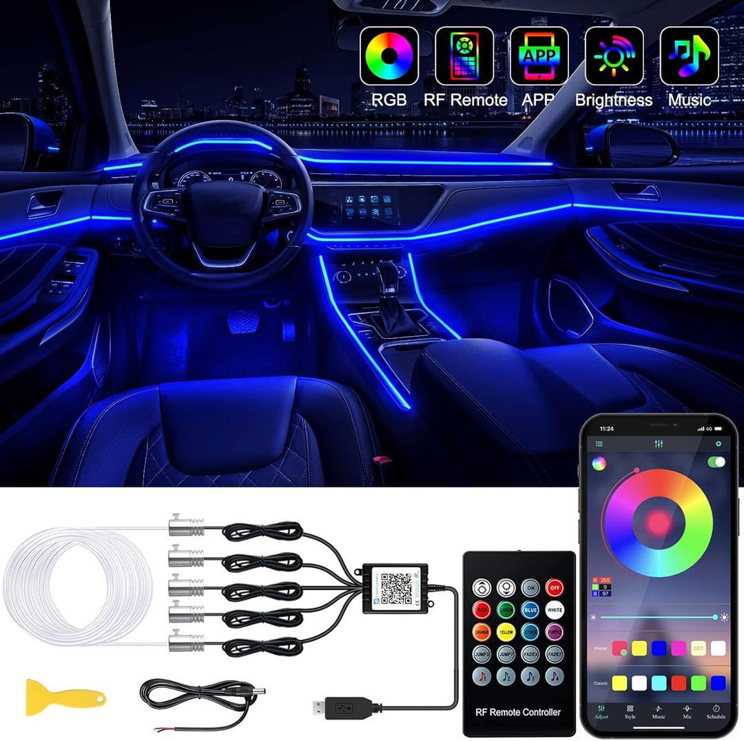 Jushope Interior Car LED Strip Lights with Wireless APP and Remote Control, RGB 5 in 1 Ambient Lighting Kits with 236 inches Fiber Optic, 16 Million Colors Car Neon Lights, Sync to Music