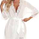 RSLOVE Women Lace Kimono Robe Babydoll Chemise Lingerie Bride Robe for Wedding Party (Large, White)
