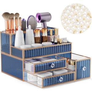 Makeup Organizer Blue - Tempered Glass Vanity Organizer for Cosmetics, Skincare, Hair Tools, Brushes, Perfume - Multipurpose Bathroom Counter Skincare Organizer
