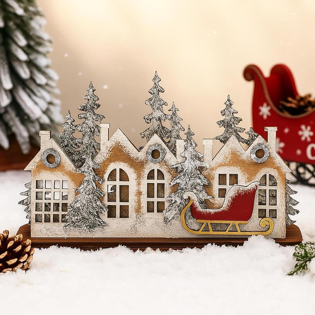 Chunful Wooden Christmas Village Decor Rustic Wood Merry Christmas Sign Snowy Winter Assembly Art Craft Set with Vintage Sleigh Pine Farmhouse Xmas Party Centerpiece for Mantle Window Table Home Decor
