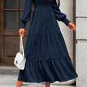 KIRUNDO Spring Dresses for Women 2026 Wedding Guest Maxi Long Sleeve Summer Smocked High Waist Flowy Party Cocktail Dress (Small, Navy)