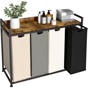 Herture Laundry Hamper with Shelf, Laundry Basket 4 Section, Laundry Sorter with Pull-Out Removable Large 4 Color Bags and Movable Wheels, Metal Frame, 4 x 15.87 Gallons (60L), Rustic Brown PF07XLN, 4 Bags-240 L