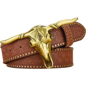 1PCS Western Cowboy Belt Buckles for Men PU Leather Buckle Belt Vintage Bullhead Belt 125cm/4.1ft (Brown)