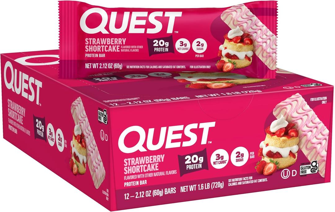 Quest Nutrition Protein Bars, Strawberry Shortcake, 20g Protein, 2g Sugar, 3g Net Carbs, 10g Fiber, Gluten Free, 12 Count (BB: 06/25/26)