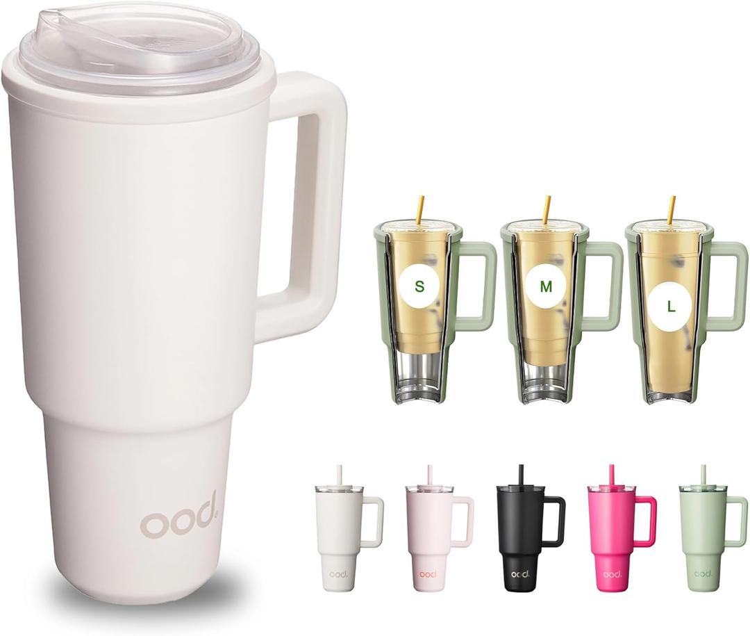 OOD OniVerso 40 oz Stainless Steel Insulated Tumbler with Handle and Straw, Iced Coffee Cup Holder for Disposable Cups, Leak Proof Tumbler, Metro Fog (White)