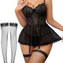 Foxiny Sexy Floral Lace Mesh Sheer Garter Babydoll Lingerie Dress Corset Outfit Set with Thong 3 Piece M
