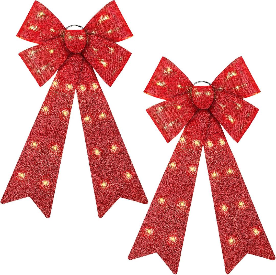 ANVAVO 2 Pieces LED Christmas Tree Topper Bow - 24"x12" Large Prelit Xmas Decorations With Lights - Battery Powered for Wreath Garland, Red