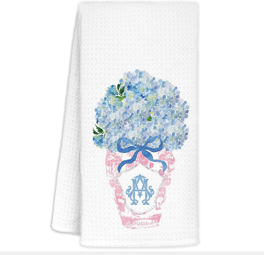 Blue and White Chinoiserie Kitchen Towels, Pink Ginger Jar Floral Dish Towels for Kitchen Bathroom, Hand Towels, Grandmillennial Decor, 16x24 Inches