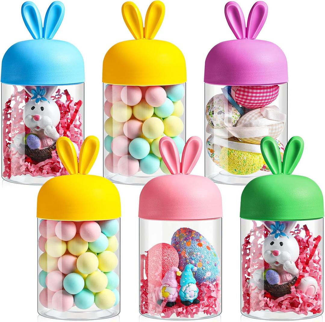 Mimorou 6 Pcs Easter Plastic Jar with Bunny Ear Cap Clear Candy Jar Easter Decorations Food Storage Canister for Party Gift Chocolate Candy Sweets Mini Eggs Table Decoration (5 Color)