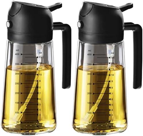 TrendPlain 16oz/470ml Glass Olive Oil Sprayer for Cooking – 2 in 1 Olive Oil Dispenser Bottle for Kitchen Gadgets and Air Fryer Accessories, Salad, BBQ - 2 Black