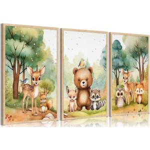 3Pcs Woodland Animal Nursery Wall Art Forest Animal Wall Decor Cute Watercolor Deer Bear Fox Poster Canvas Prints Paintings Pictures Artwork for Kids Baby Bedroom Decor Unframed Poster 12X16in (12L" x 16W")