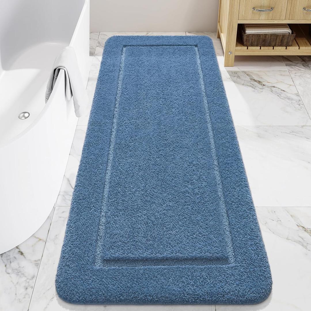 LOCHAS Bathroom Rugs, 24" x 60" Long Bath Rug, Non Slip Washable Bathroom Runner Rug Soft Absorbent Bath Mat for Shower, Shaggy Plush Luxury Large Bath Rug, Blue