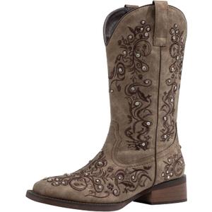 SheSole Womens Western Cowgirl Boots Fashion Rhinestone Square Toe Ladies Cowboy Boots Mid Calf (10, Brown)