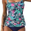 ZAFUL Tankini Swimsuits for Women Tummy Control High Waisted Twist Front Ruched Two Piece Bathing Suit (Blue, L)