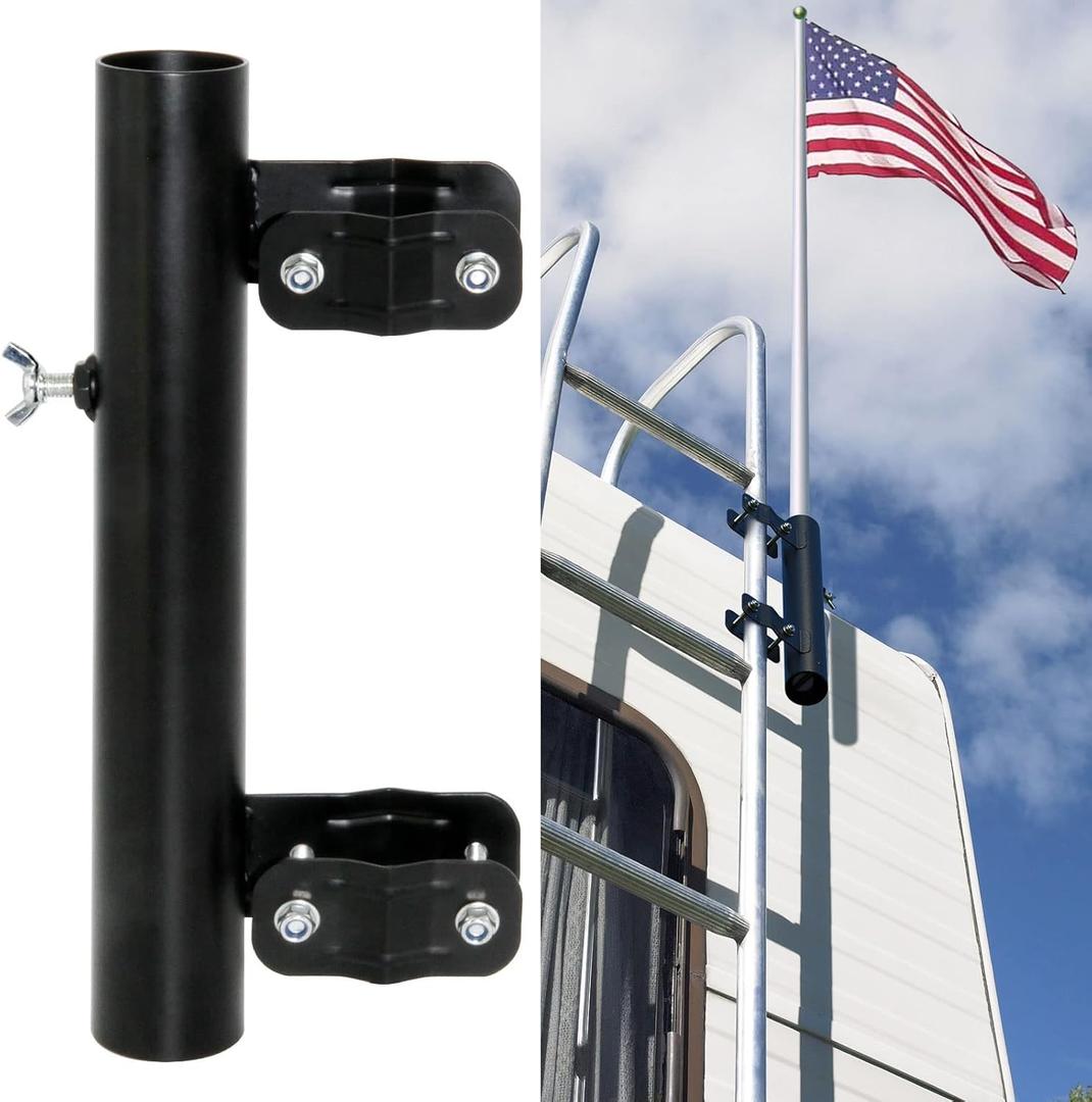 RV Ladder Mounted Flagpole Holder, Heavy Duty RV Flag Holder,Compatible with 1" RV Ladders (Black)