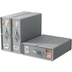 Tuza 3 Pack Bed Sheet Organizer, Foldable Linen Closet Organizers and Storage, Bedsheet Organizers with Window, Bedding Organizer Storage for Sheet, Pillow and Duvet Cover, Grey