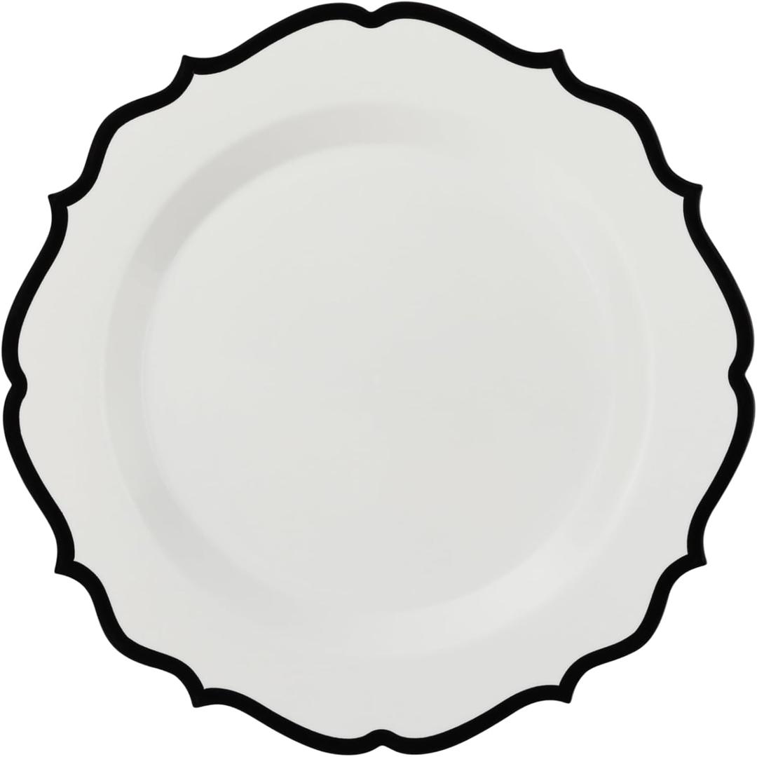 PLASTICPRO 64 Pack Elegant Disposable Plastic Plates Combo Set Includes 32 Dinner Plates and 32 Salad Plates Heavy Duty Fancy Party Plates White & Black Contemporary Design