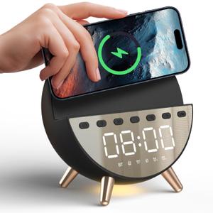 Digital Alarm Clock with 15W Wireless Charging with Warm White Light,5 Soothing Sound/White Noise,Dual Alarm Clock for Bedrooms Heavy Sleepers Adults/Kids (Black)