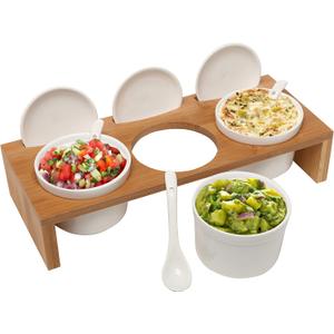 MyGift 10 Pcs Sauce Serving Dish, Hosting Party Essentials Host Gift, 3 Ceramic Ramekin Chip Dip Bowls with Lids & Spoons, Premium Bamboo Server Tray, Condiment Pot Entertaining